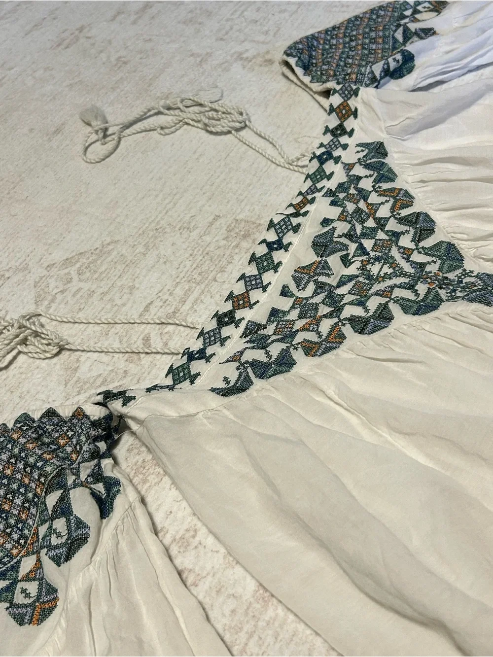 Free People Boho White Off-Shoulder Tunic with Teal Embroidery